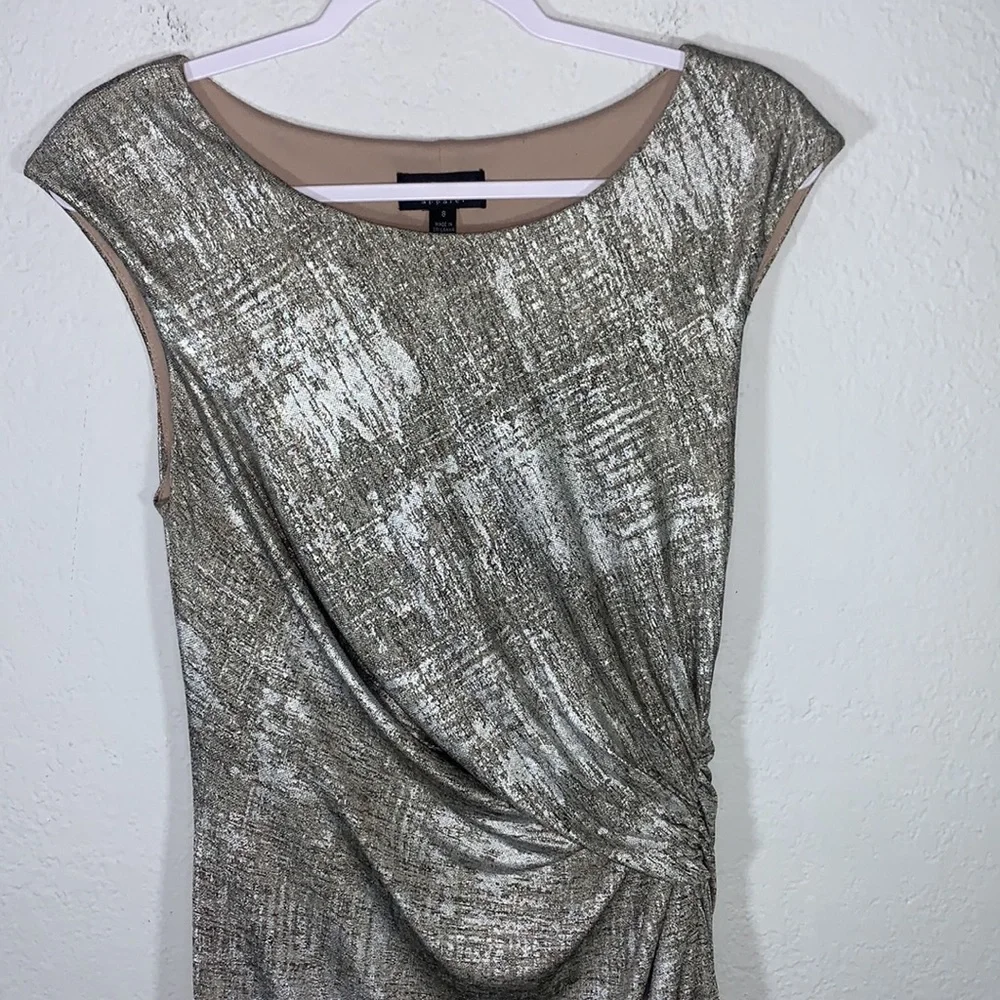 Connected Apparel Metallic Gold Faux Wrap Midi Dress Size 8 Holiday Party